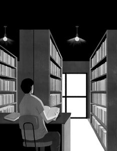 Illustration of a woman visiting a bookstore