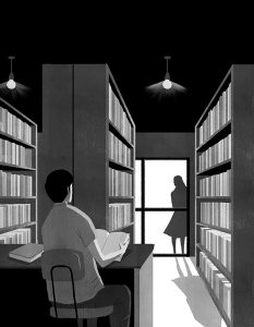 Illustration of a woman visiting a bookstore