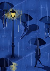 illustration of people walking around on a rainy night