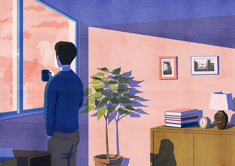 illustration of a man standing by a window in sunset glow