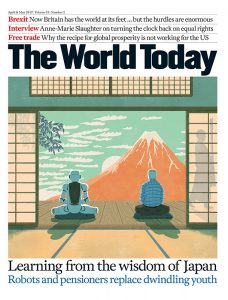 robot and old men illustration for book cover of The World Today﻿