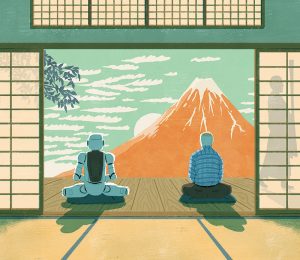 robot and old men illustration for book cover of The World Today﻿