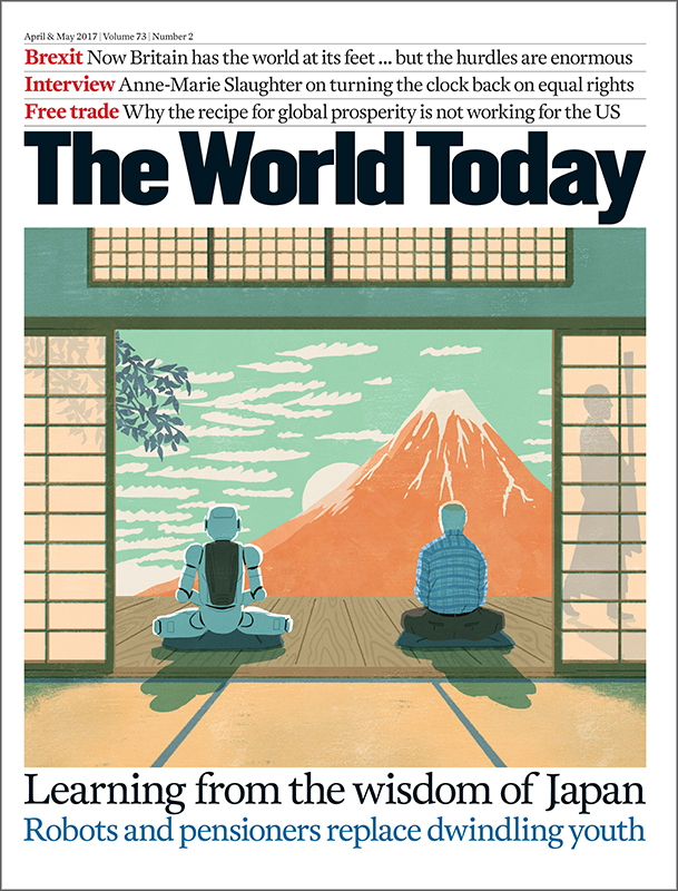 robot and old man illustration, for the world today.