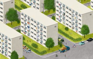 "When grandma was a child" housing complex illustration