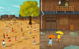 "When grandma was a child" old japan landscape illustration