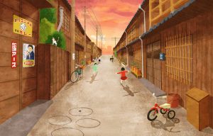 "When grandma was a child" old japan residential area illustration