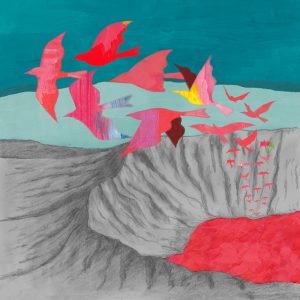 Illustration of a firebird emerging from a volcano