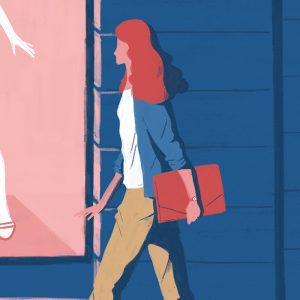 shop window and woman illustration, art.