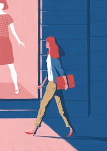 shop window and woman illustration, art.