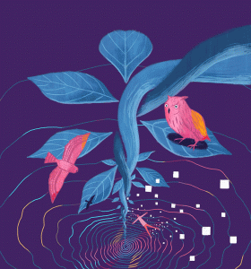 An owl sits atop a plant that appears to be in outer space