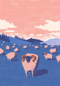 Flock of sheep illustration, soft color art.