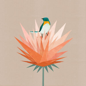 Flower and blue bird illustration, art.