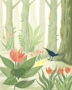 black bird and woods illustration, soft colers art.