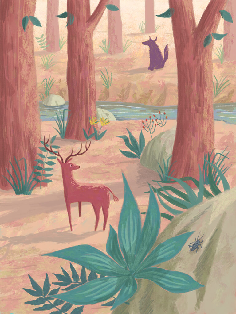 Deer and Wolf illustration, soft colers art.