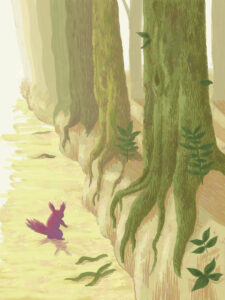 Illustration of a squirrel being illuminated by the sun near the forest.