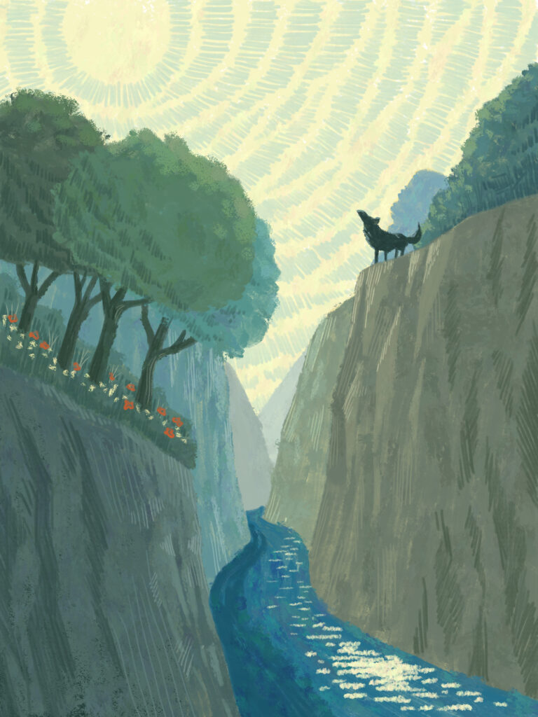 Illustration of a wolf on a cliff. Sunlight and river.