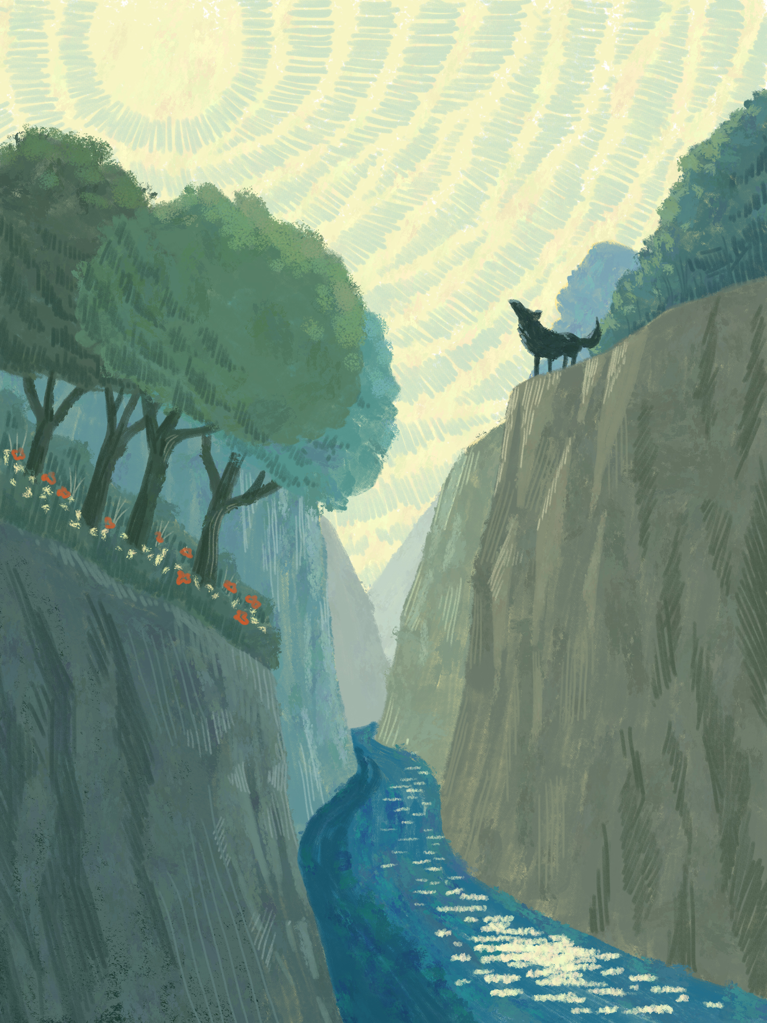 Illustration of a wolf on a cliff. Sunlight and river.