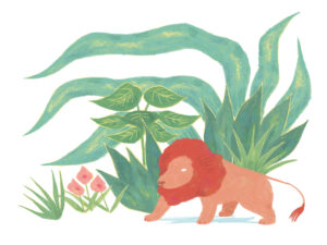 An illustration of a lion taking aim amongst the plants.