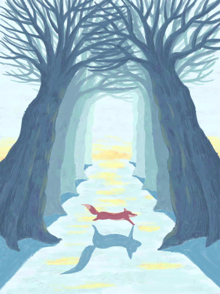 木々を走り抜けるキツネ／Fox running through the trees