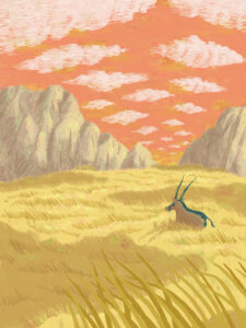 An illustration of horned animal walks through a grassland in the evening wind.